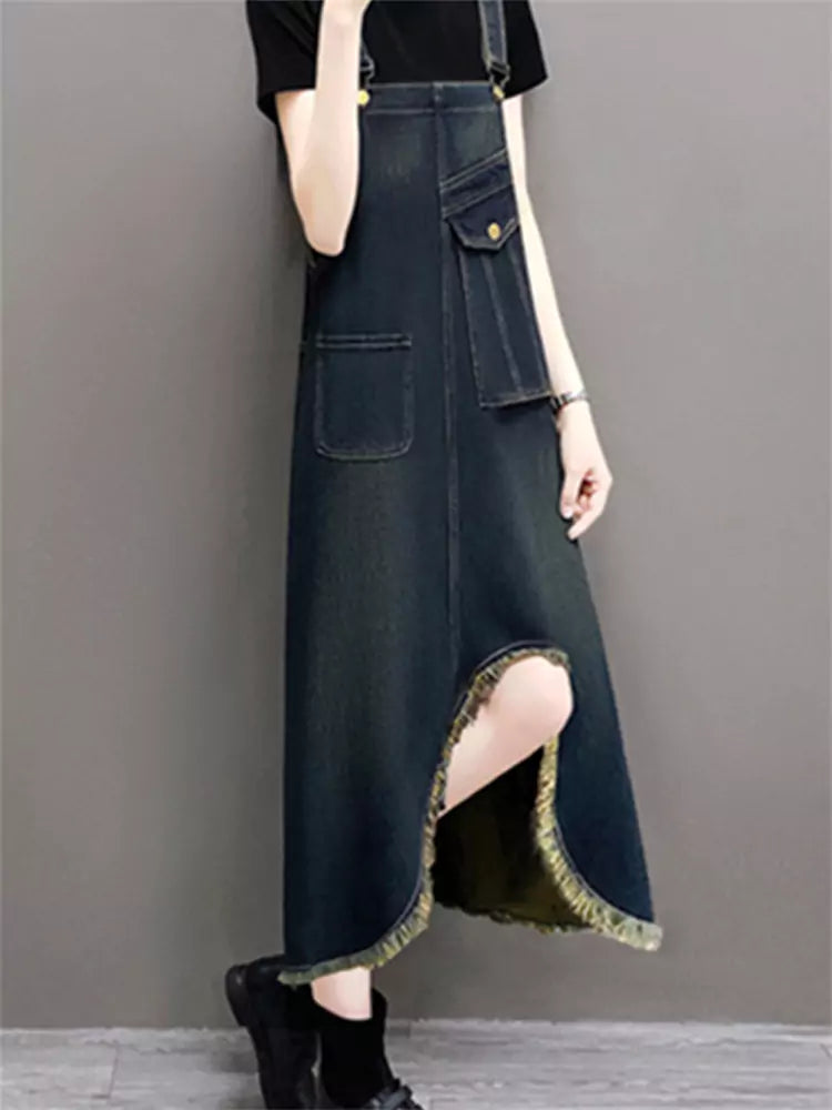 Front Slit Loose Fit Denim Overall Dress for Women with Raw Hem Trendy Style