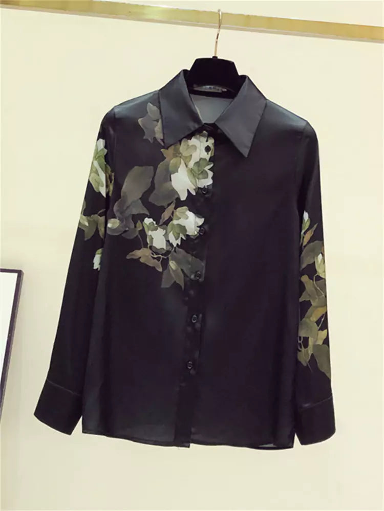 Vintage Black Floral Print Silk Blouse for Women Long Sleeve