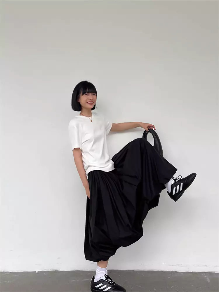 Japanese Style Black Pleated Puff A-Line Midi Skirt for Women