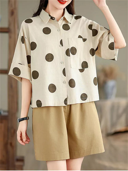 Vintage Polka Dot Cotton Linen Short Sleeve Shirt for Women
