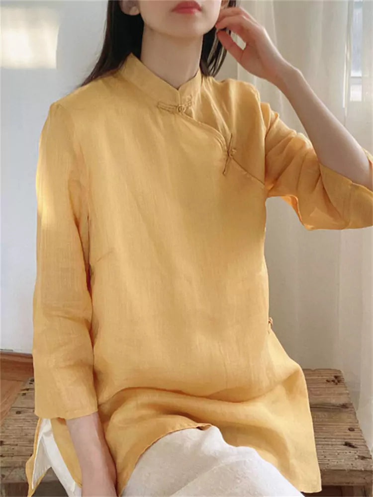 New Chinese Style Diagonal Placket Linen Blouse for Women