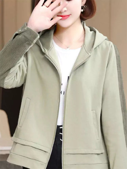 Lässige Cordjacke mit Kapuze und Patchwork-Design für Damen