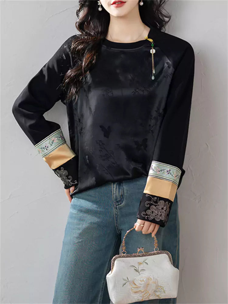 New Chinese Style Jacquard Embroidered Round Neck Long Sleeve Blouse for Women