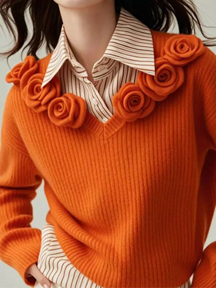 Schickes orangefarbenes 3D-Blumenstrick- und Streifenshirt (zweiteiliger Look)