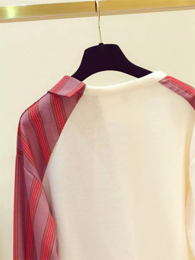 Stylish Lace Up Striped Patchwork Asymmetric Sweatshirt for Women