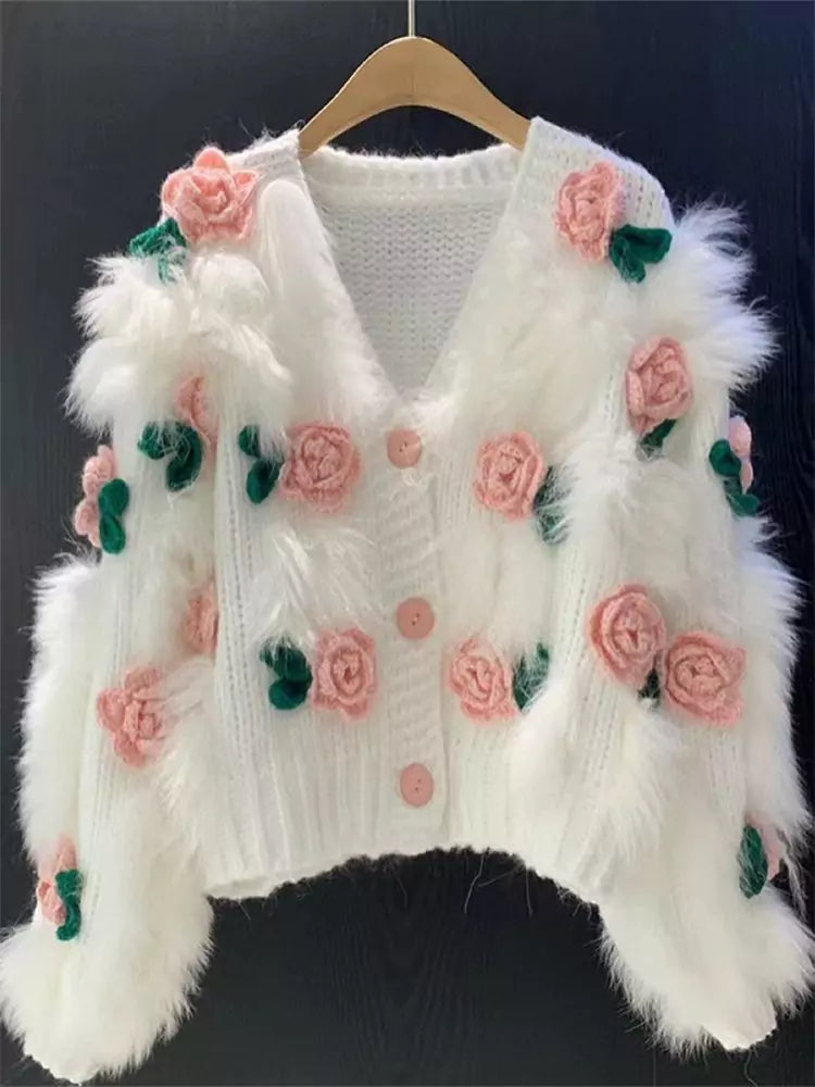Cárdigan de crochet con rosas 3D y detalles florales peludos para mujer