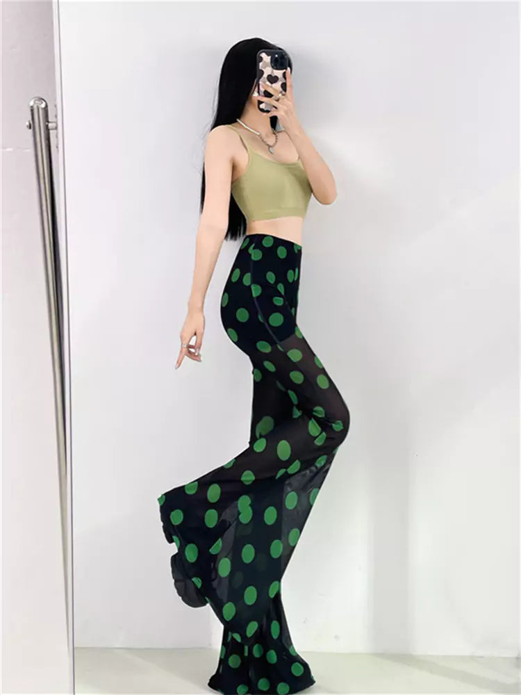 Pantalones acampanados de cintura alta con lunares y malla transparente de verano para mujer