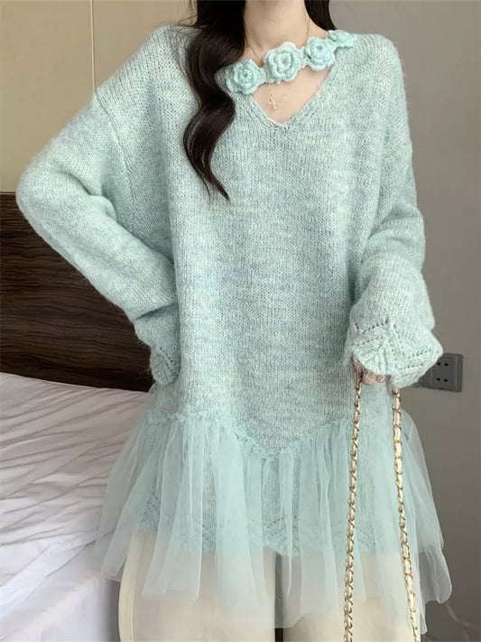 Suéter de punto verde con cuello en V y cuello halter para mujer, talla grande, con parches de malla floral 3D