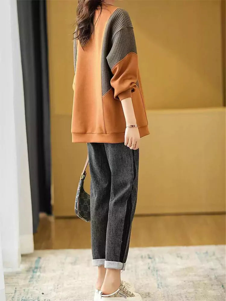 Korean Style Plus Size Color Block Plaid Split Sweatshirt for Women