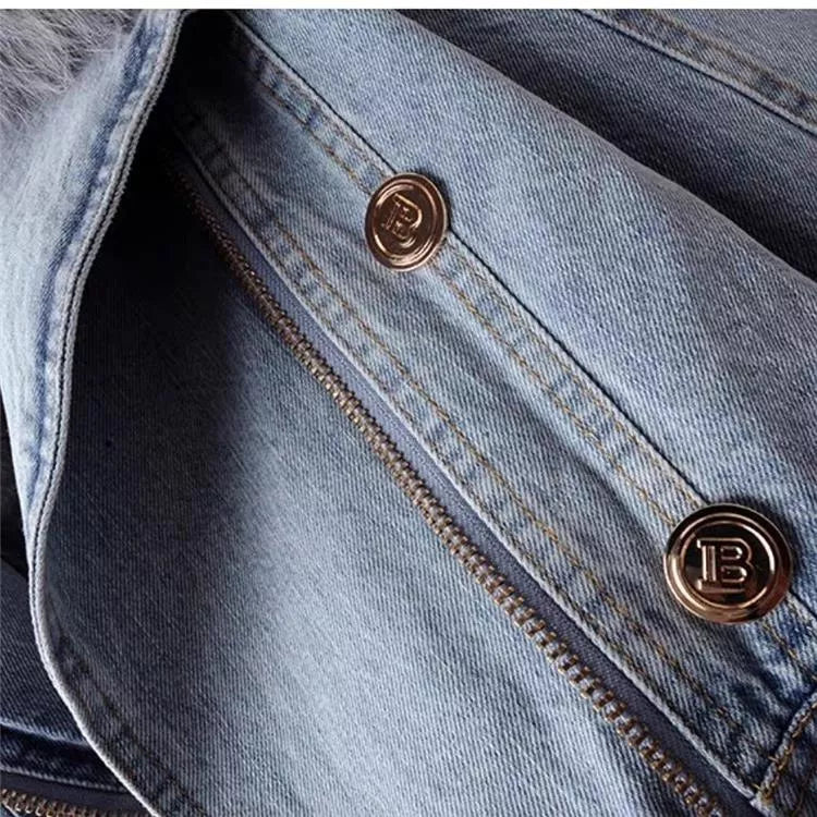 Detachable Faux Fox Fur Lined Denim Jacket for Women