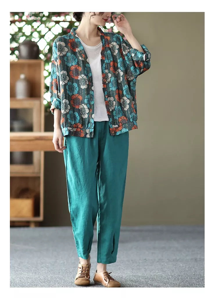 Orangefarbenes, lässiges Vintage-Leinenhemd für Damen mit Print 