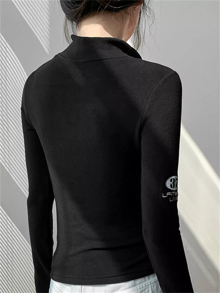 Half-Turtleneck Zip Long Sleeve Slim Fit Top for Women
