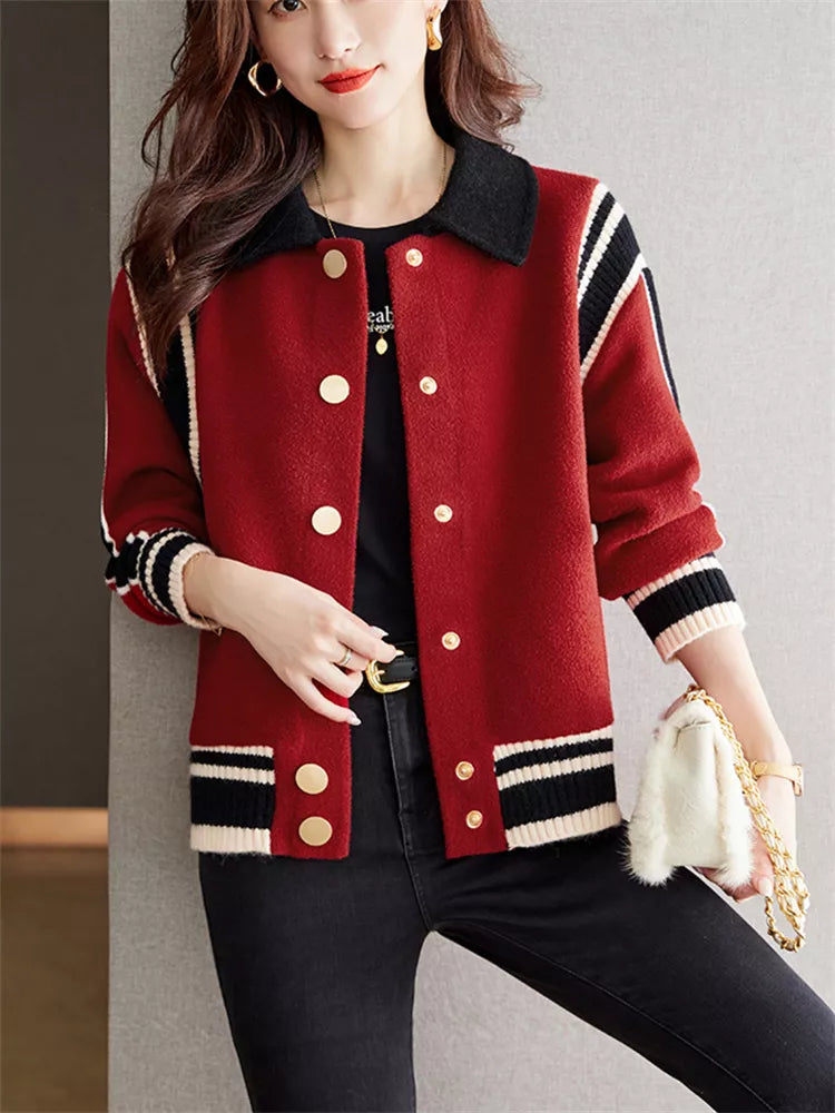 Chaqueta bomber roja de mezcla de lana con botones y cuello en contraste para mujer