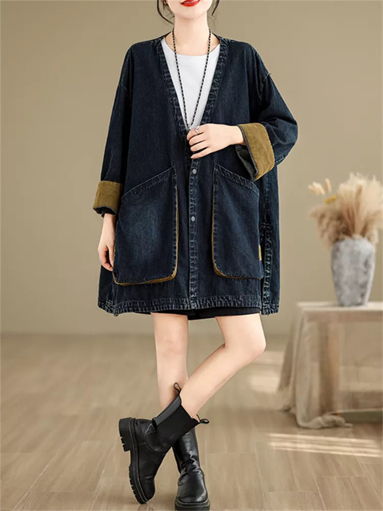 Vintage Jeansmantel mit V-Ausschnitt und großen Taschen für Damen