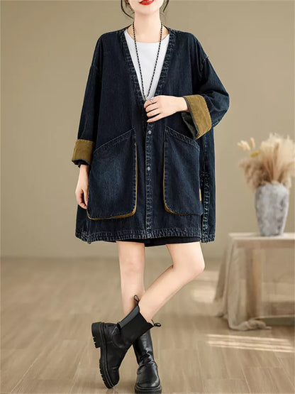 Vintage Jeansmantel mit V-Ausschnitt und großen Taschen für Damen