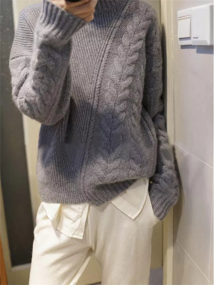Dicker Damen-Zopfstrickpullover mit Stehkragen – Grobstrickpullover für den Winter