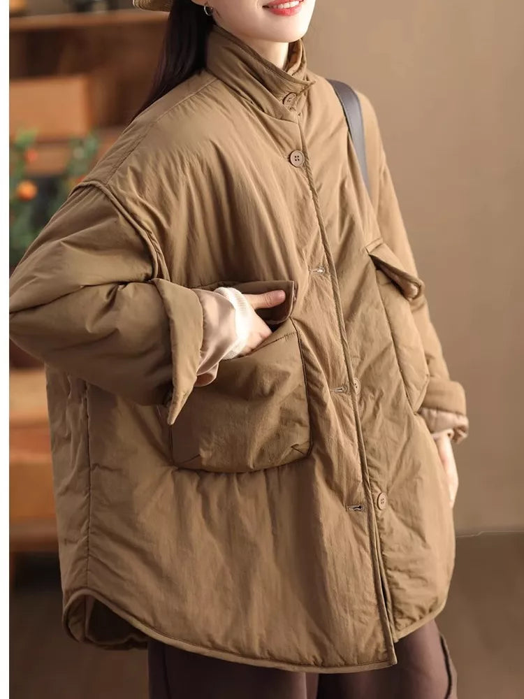 Women's Oversized Cargo Padded Jacket Stand Collar Windproof with Large Pockets