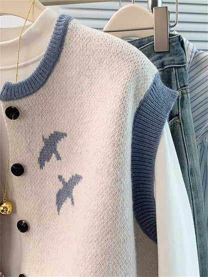 Women's Artistic Landscape Jacquard Knit Vest  Vintage Sun & Bird Pattern Button Down Waistcoat