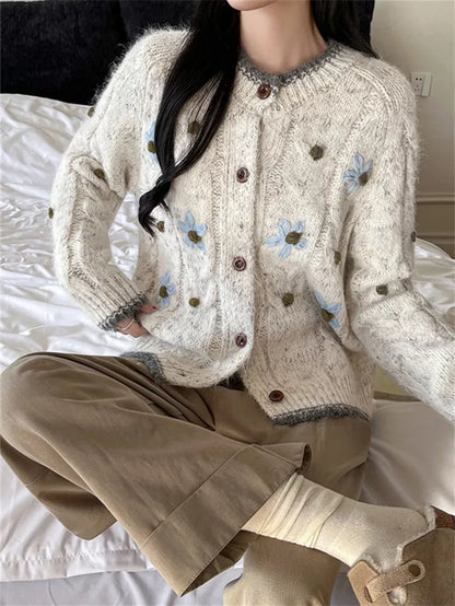 Women's Cream Cable Knit Cardigan with Blue Floral Embroidery