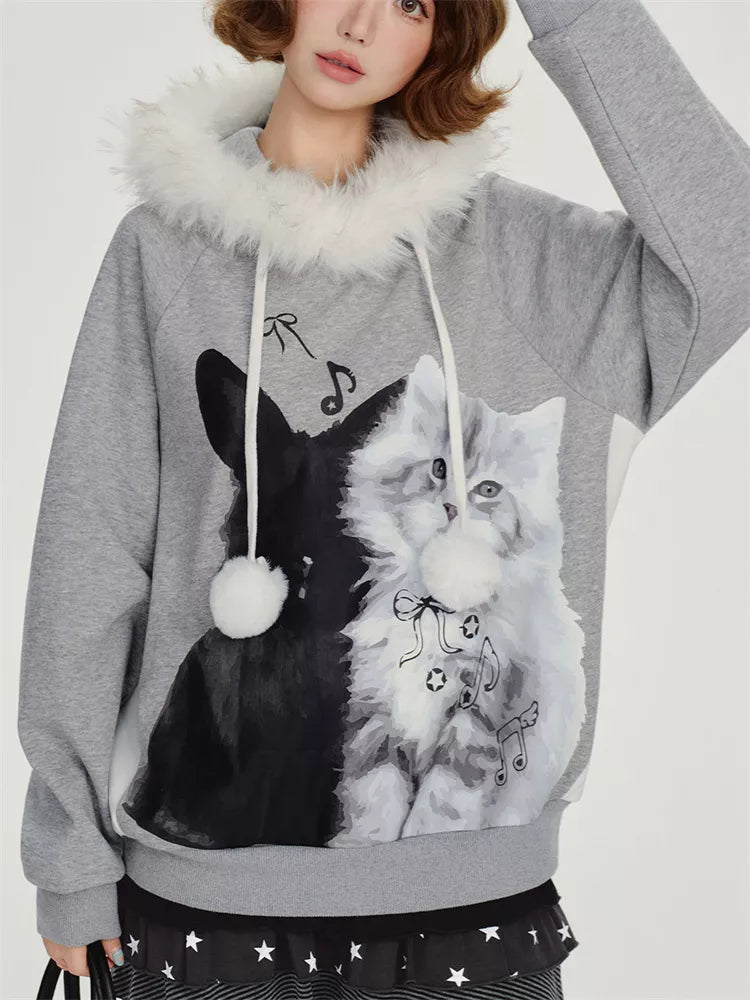 Women's Kawaii Grey Cat Hoodie Faux Fur Trim Pom-pom Drawstring Sweatshirt