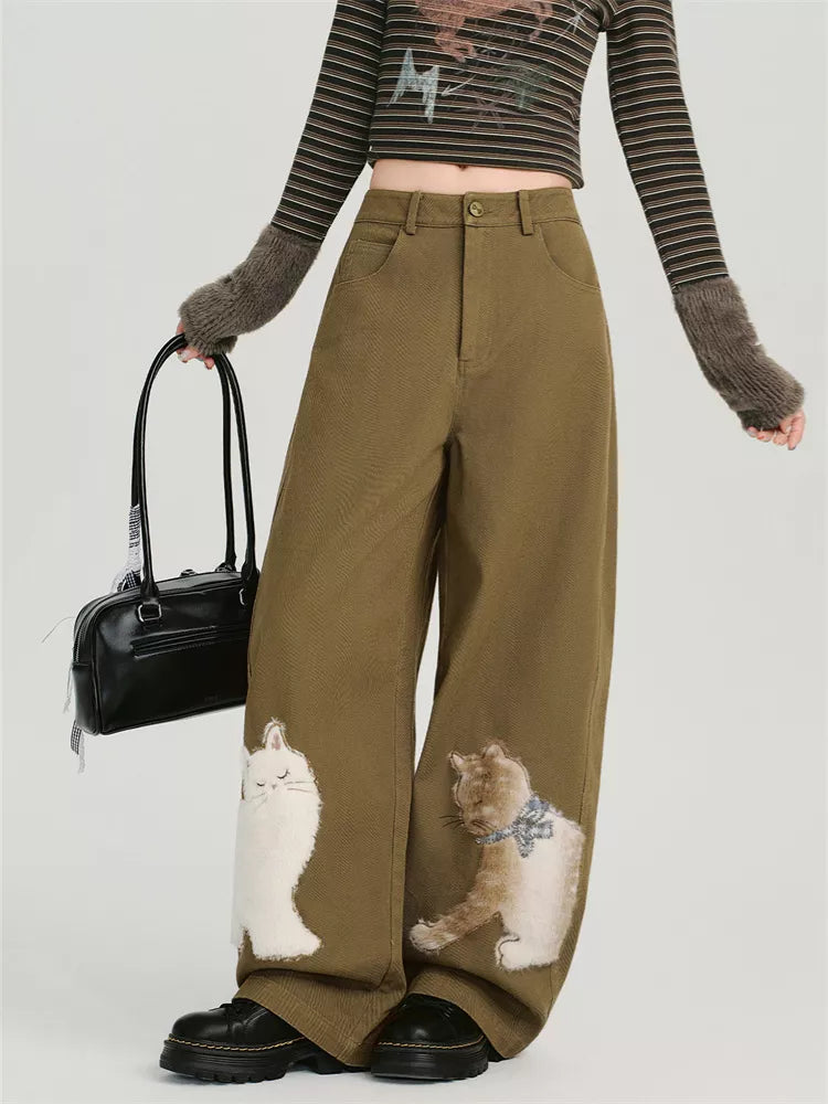 Women's Olive Green Wide Leg Pants Cute Fuzzy Cat Applique Baggy Trousers