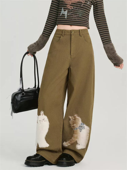 Women's Olive Green Wide Leg Pants Cute Fuzzy Cat Applique Baggy Trousers