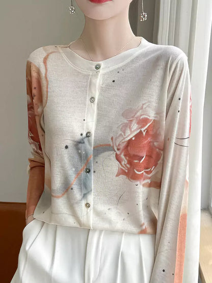 Leichte Strickjacke aus Wolle mit Rosenmuster