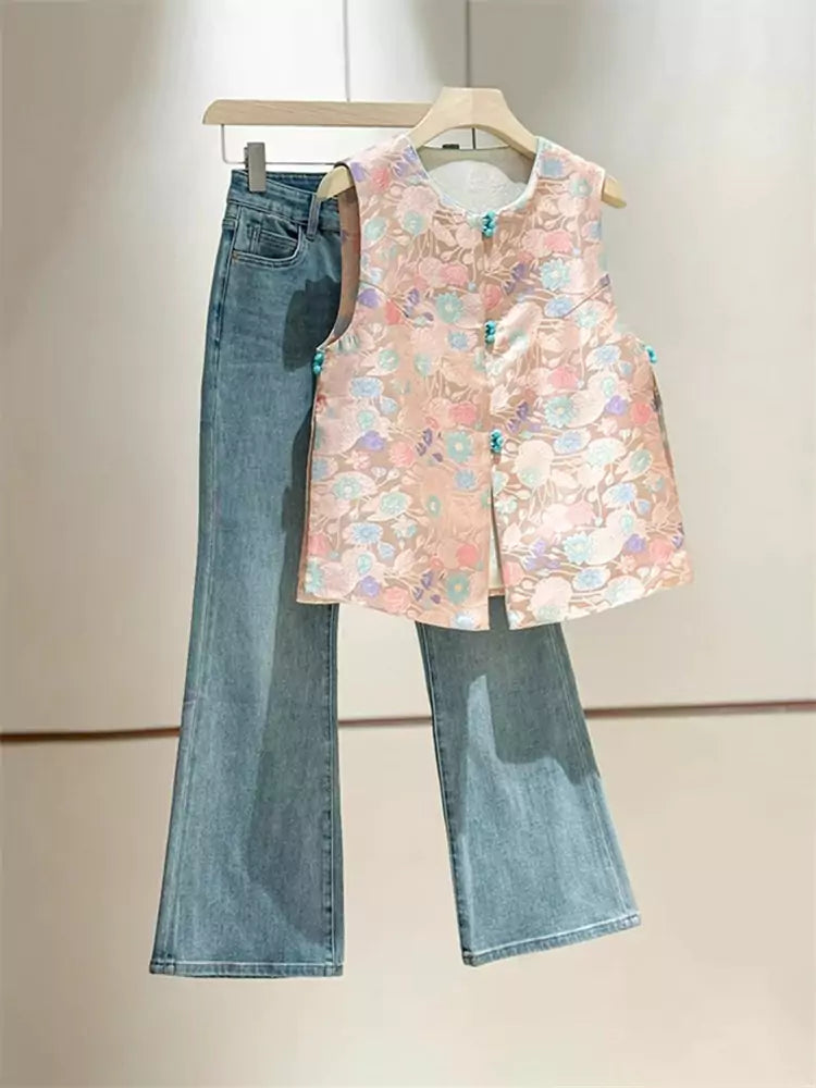 Pink Brocade Vest for Women – New Chinese Style Sleeveless Jacket