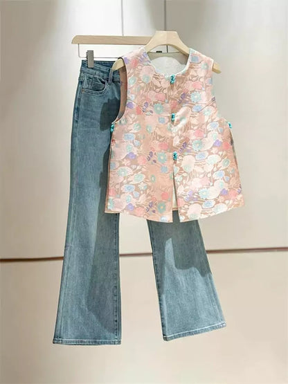 Rosa Brokatweste für Damen – Ärmellose Jacke im neuen chinesischen Stil