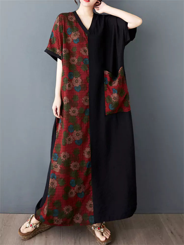 Vestido largo de algodón y lino con cuello en V, manga corta, diseño de patchwork floral y bloques de color, talla grande