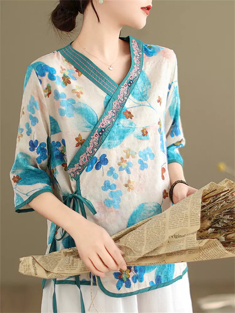 Vintage Blue Floral Print Blouse with Side Closure & Asymmetrical Collar