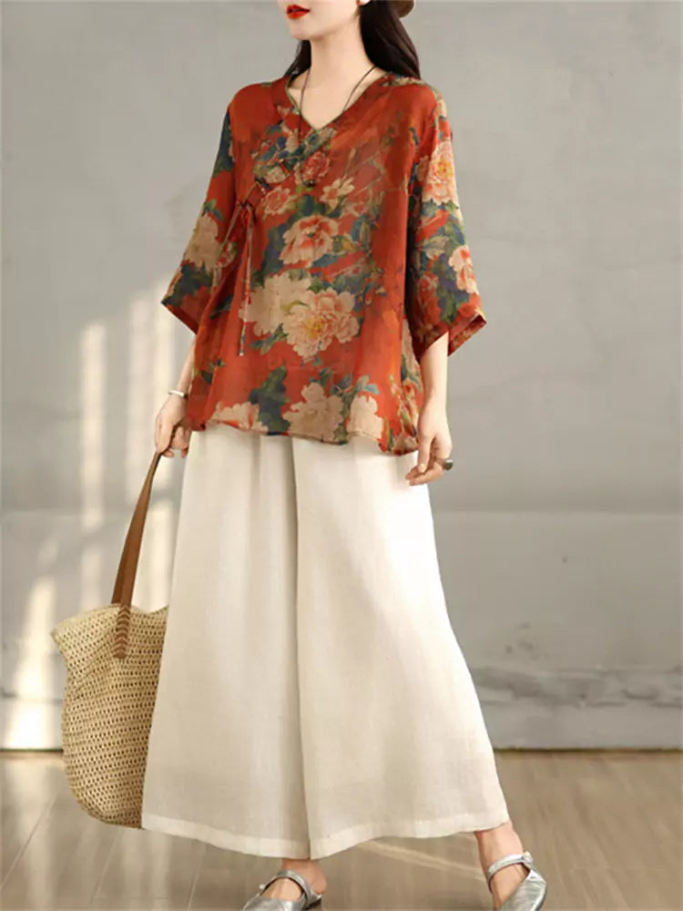 New Chinese Style Printed Oblique Placket Knot Button Linen Blend Blouse V-Neck Half Sleeve