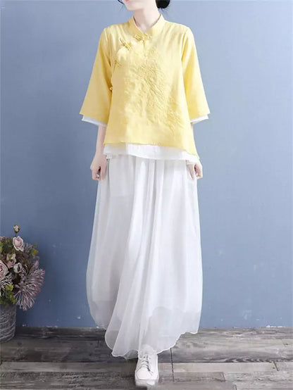 Sommerliche neue Baumwoll-Leinen-Bluse im Zen-Stil mit Stickerei und 3/4-Ärmeln