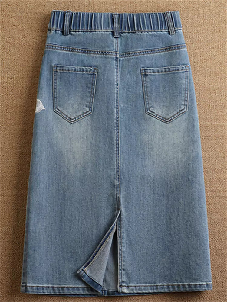 Trendy Embroidered Denim Pencil Skirt with Elastic High-Waist & Back Slit