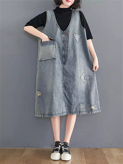 Vintage Loose Fit V-Neck Patchwork Washed Denim Vest Dress for Women