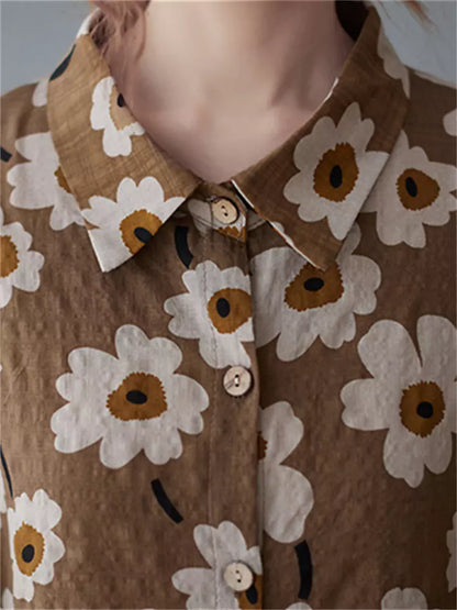 Summer Loose Fit Vintage Floral Short Sleeve Cotton Linen Shirt Dress