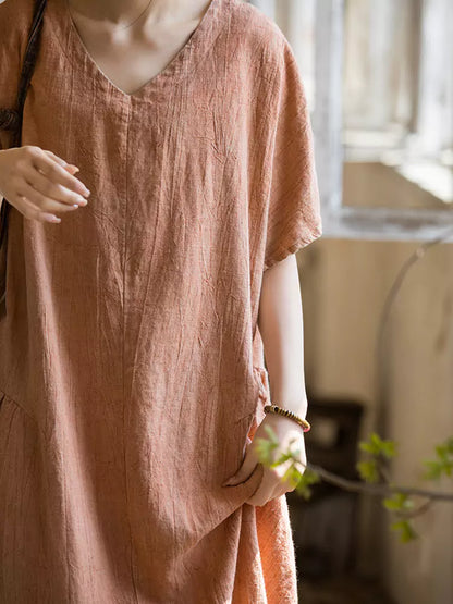 Neues handgefärbtes Maxikleid aus Ramie im chinesischen Stil mit V-Ausschnitt für Damen