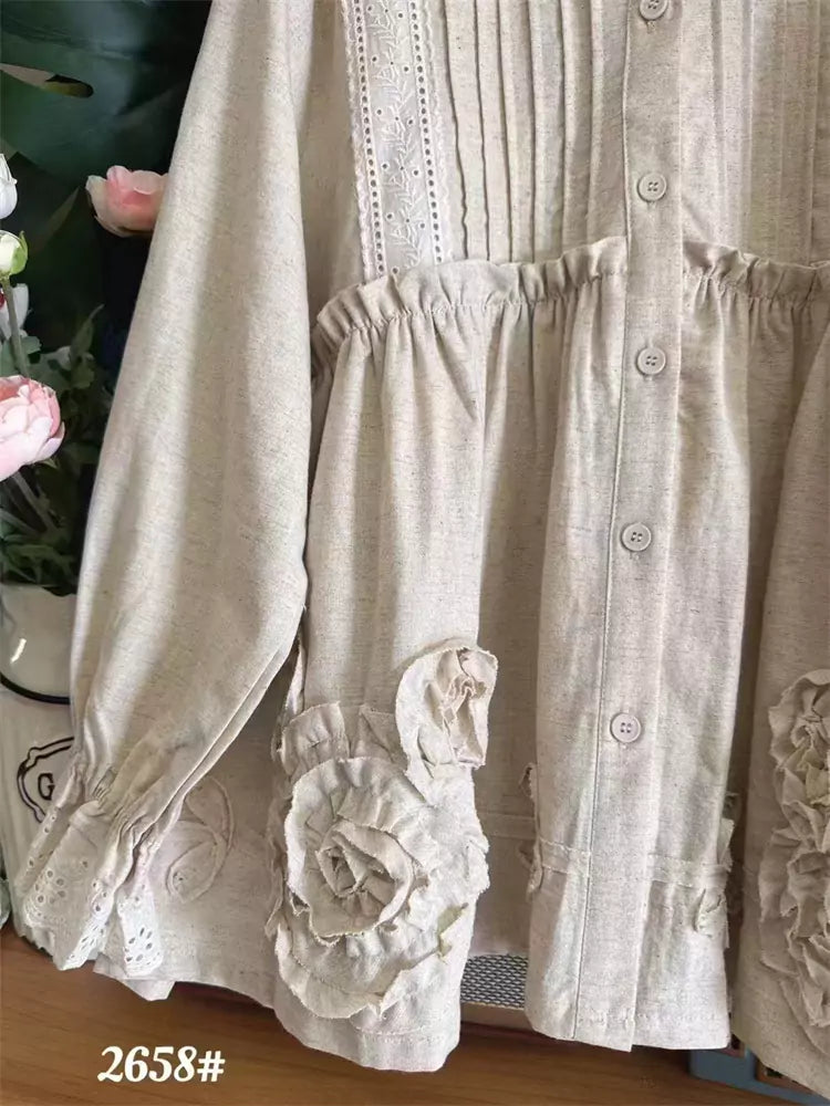 Women's Cotton Accordion Pleated Long Sleeve Heavy Embroidered Babydoll Blouse