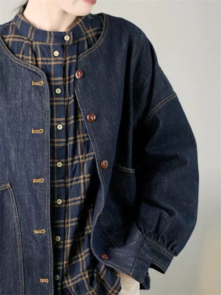 Vintage Artistic Washed Round Neck Cotton Denim Jacket for Women