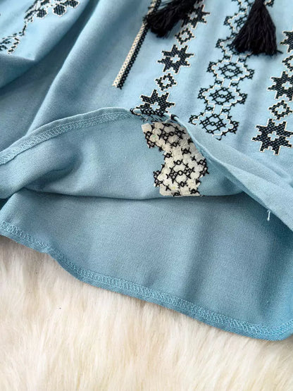 Ethno-Stil, bestickte, locker sitzende Bluse mit Laternenärmeln und Bindebändern für Damen