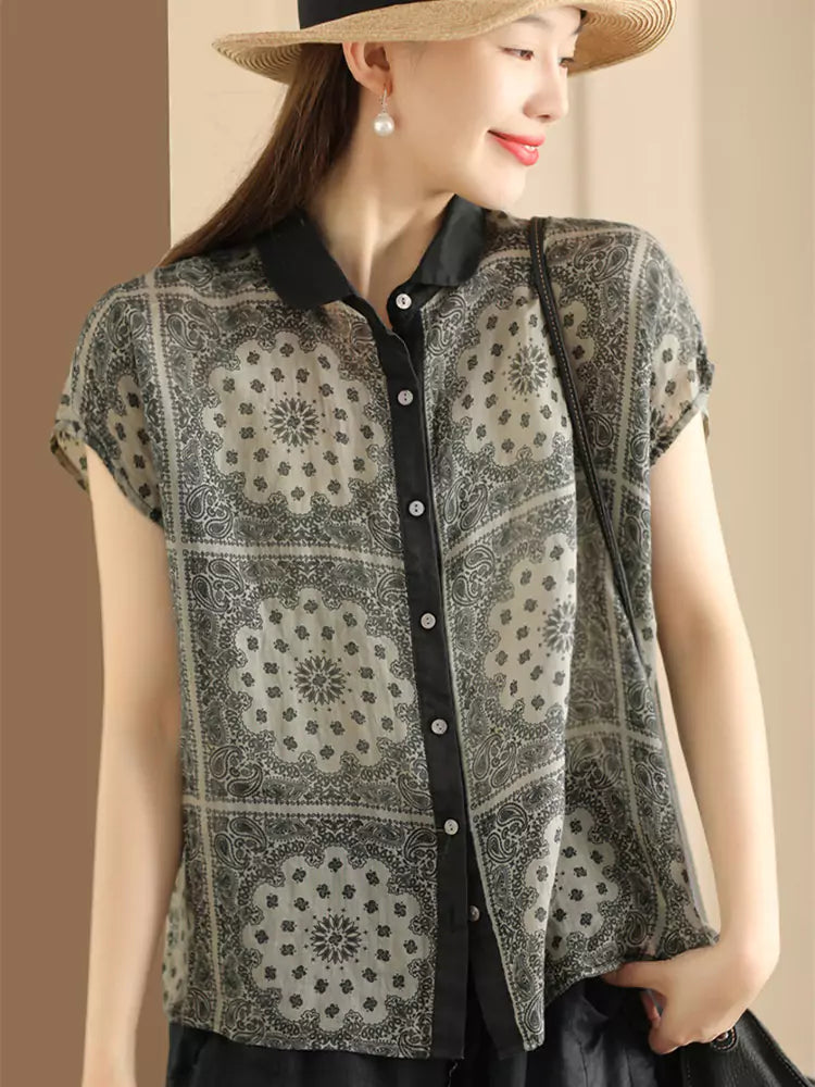 Vintage Dyed Floral Ramie Colorblock Short Sleeve Shirt for Women