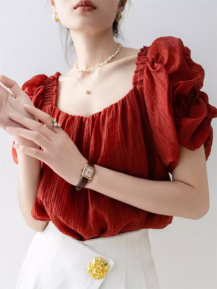 French Style Red Square Neck Chiffon Short Sleeve Shirt for Women
