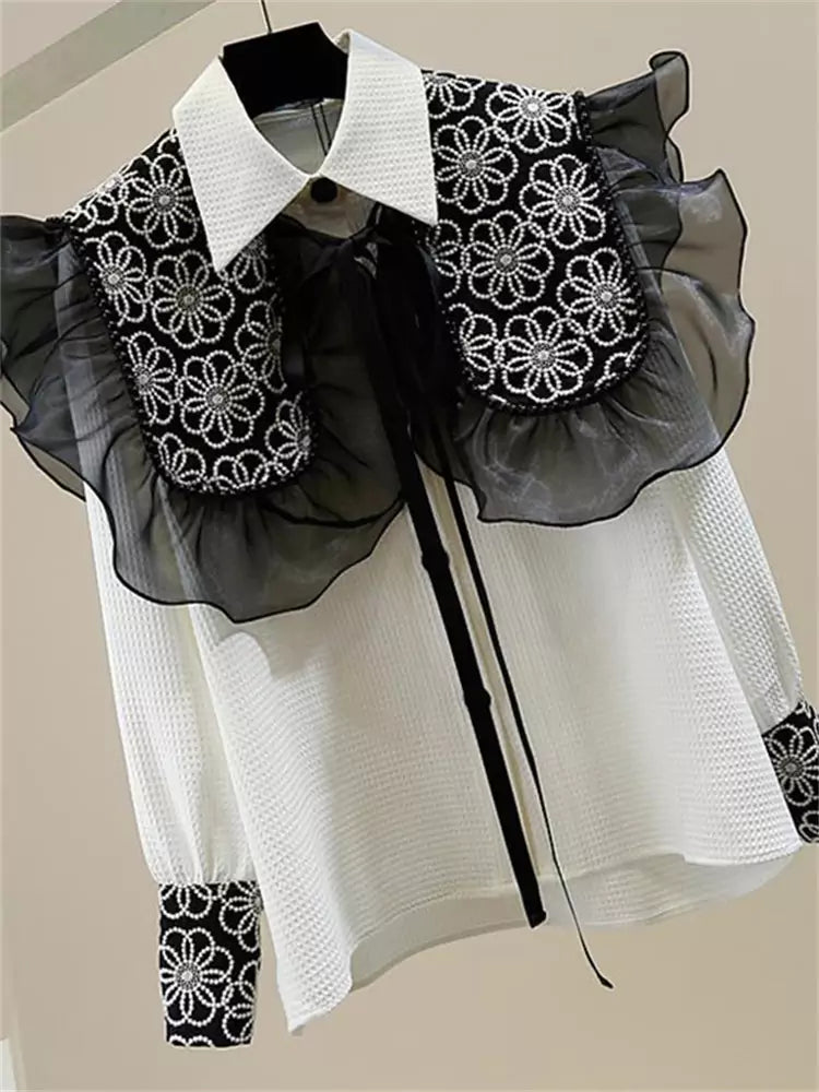 Sweet Embroidered Ruffle Trim Button-Up Shirt with Tie Cape Two-Piece Set for Women