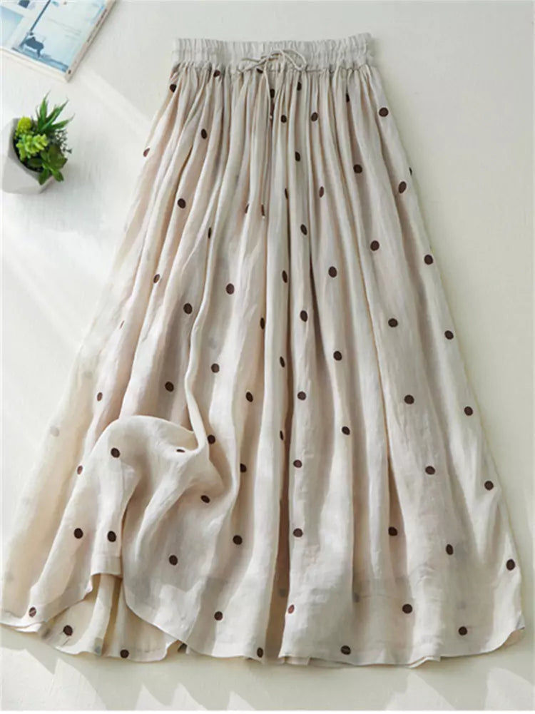 High-Waisted Double-Layer Ramie & Linen A-Line Polka Dot Maxi Skirt for Women
