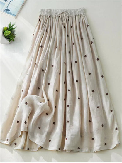 Hochtaillierter, doppellagiger A-Linien-Maxirock aus Ramie und Leinen mit Polka-Dots für Damen