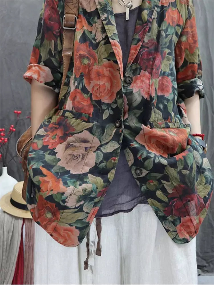 Vintage Printed Cotton Linen Blazer Jacket for Women