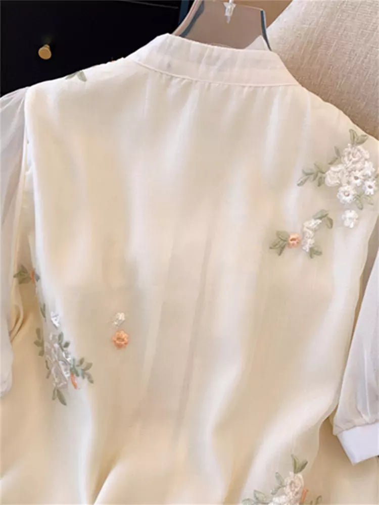 Plus Size Exquisite Embroidered Short Sleeve Chiffon Blouse with Puff Sleeves for Women