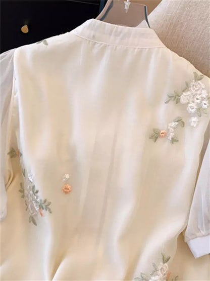 Blusa de gasa de manga corta con bordado exquisito y mangas abullonadas para mujer, talla grande