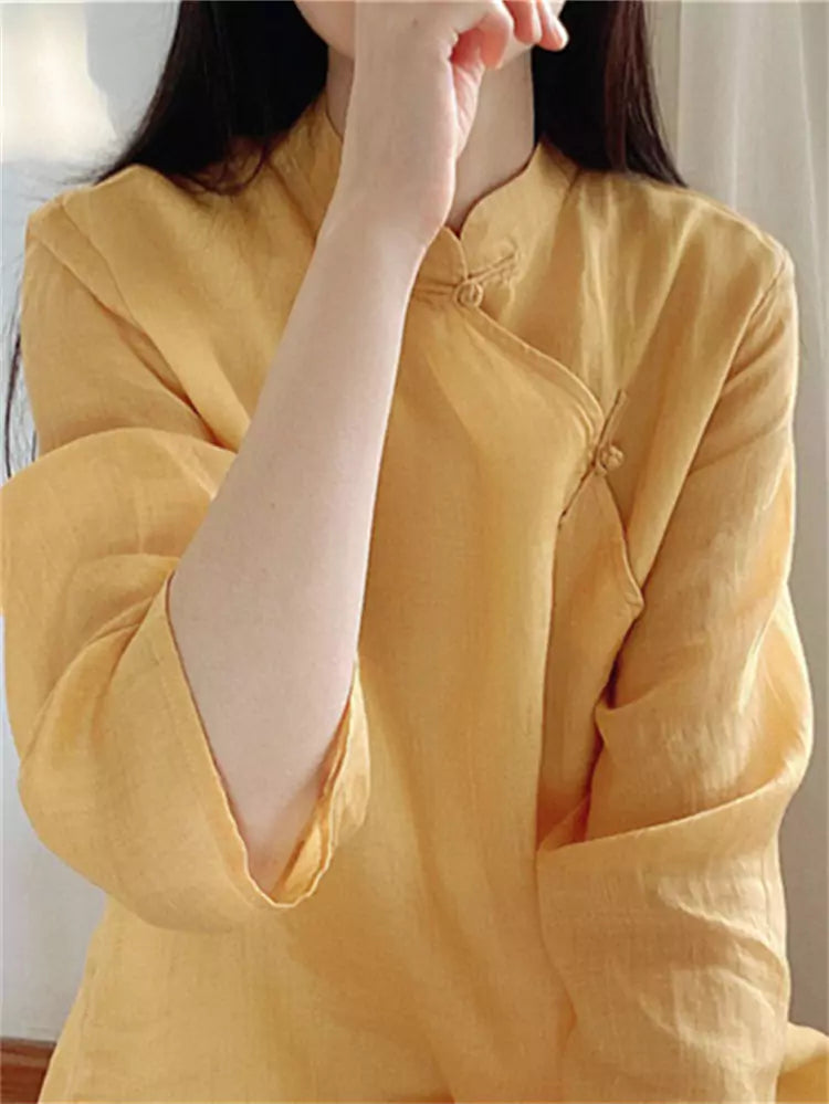 New Chinese Style Diagonal Placket Linen Blouse for Women