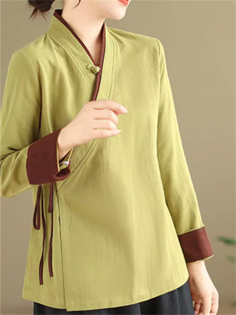 Vintage Chinese Style Asymmetrical Tie-Waist Cotton Linen Blouse for Women
